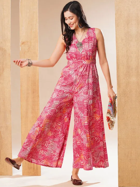 Printed Wrap Neck Belted Flared Leg Fusion Jumpsuit
