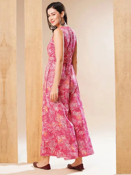 Printed Wrap Neck Belted Flared Leg Fusion Jumpsuit